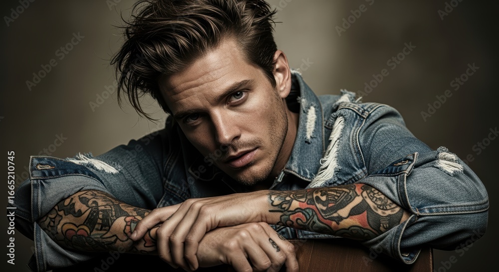 Obraz premium Young caucasian male with tattooed arms in denim jacket posing thoughtfully