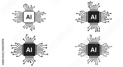 Four different ai chip circuit board illustrations with various design elements