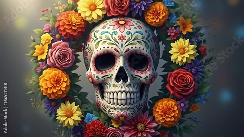 Ornate sugar skull centered within a vibrant floral wreath
