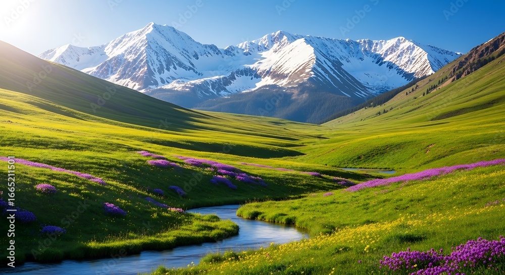 Fototapeta premium Serene Alpine Meadow with River and Snow-Capped Mountains.