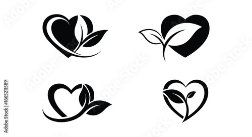 Heart shaped leaves and flowers in black and white illustrations