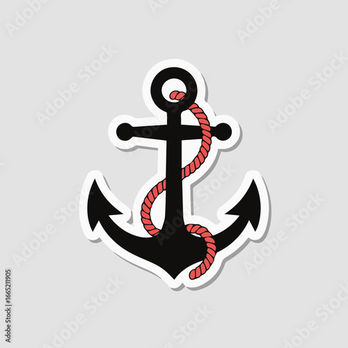 Illustration of a black anchor with red rope and white border on a gray background, perfect for adding a touch of nautical and maritime to your designs