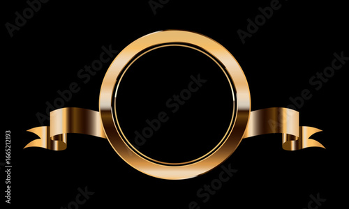 Gold round frame with golden silk ribbon vector illustration. Realistic 3d circle vintage luxury banner for memorial awards ceremony, elegant frame invitation on black background.