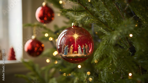 Christmas ornament with Nativity scene glowing with festive lights, creating a warm holiday atmosphere