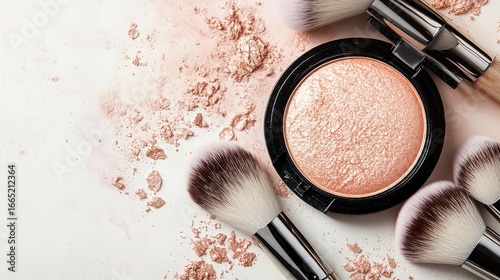 Stunning rose gold highlighter palette with fluffy makeup brushes and scattered powder creating an elegant luxurious beauty flat lay for cosmetic advertising, Generative AI.