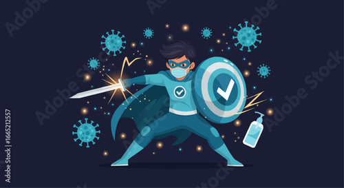 Conceptual illustration of a masked hero with a sword and shield bravely defending against virus particles