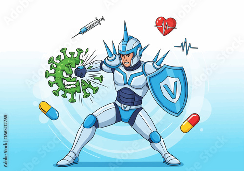 Dynamic illustration of a valiant armored hero bravely confronting and defeating a menacing virus, embodying the strength of immunity and essential health protection