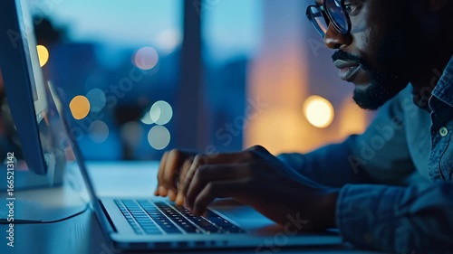 Man types on a laptop keyboard at night, bokeh lights in the background, in focus