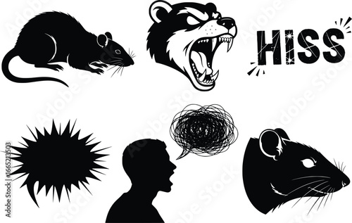 Collection of animal silhouettes including rats and a ferocious bear head with a hissing sound effect
