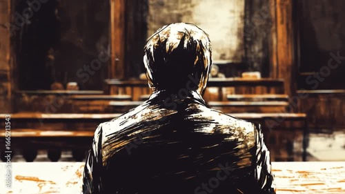 A tense courtroom scene with a focus on the defendant's perspective.