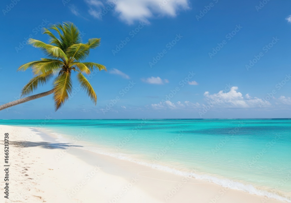 Obraz premium A tropical island paradise with a palm tree on a white sand beach