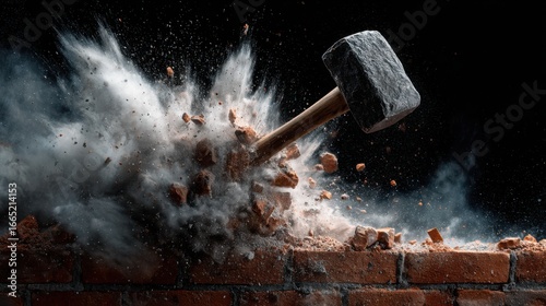 A sturdy mallet strikes a brick wall, sending debris and dust flying in a powerful explosion of materials. The impact creates a dramatic visual effect, highlighting strength