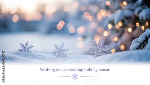 Sparkling snowflakes on snowy landscape with soft bokeh lights, holiday season greetings