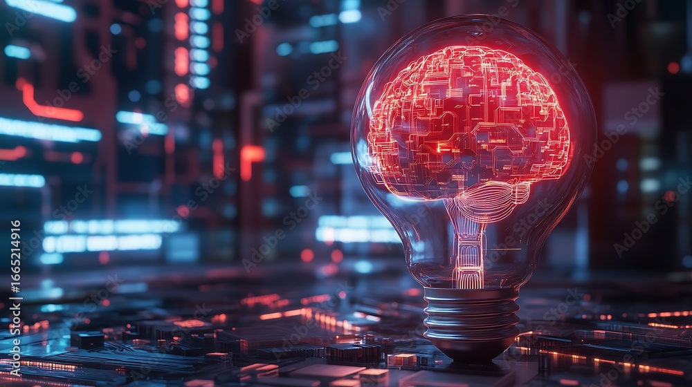 Obraz premium Artificial intelligence and innovation concept with illuminated brain inside light bulb over circuit board.