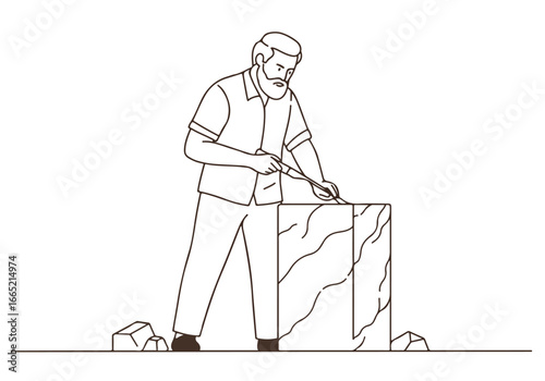 Bearded man chisels stone in studio; chunks scatter on the floor, art use