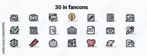 Collection of thirty colorful doodle style icons representing diverse concepts and ideas for design projects and creative applications