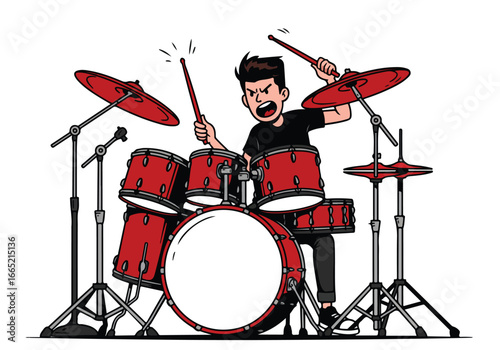 Cartoon Musician Hits Red Drum Set with Expression, against White Backdrop