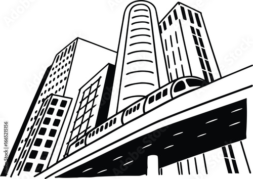 Modern city skyline with elevated train traveling through urban landscape, business travel