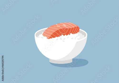 Raw salmon on rice in a bowl on light blue backdrop. Food illustration usage