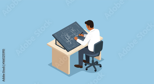Architect drafting blueprints at desk on pastel background for business plan