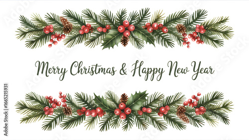 Festive Christmas greenery with holiday berries and pine cones, perfect for seasonal greetings and designs