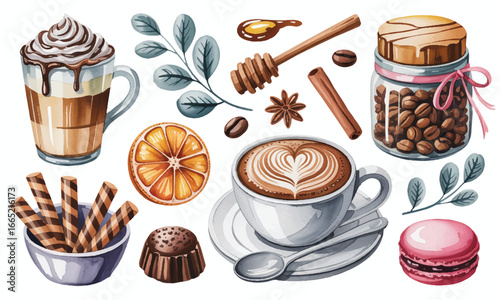 Image features a vibrant watercolor collection of various coffee and dessert items. The set includes a latte, cappuccino, and assorted pastries, spices, and sweets.