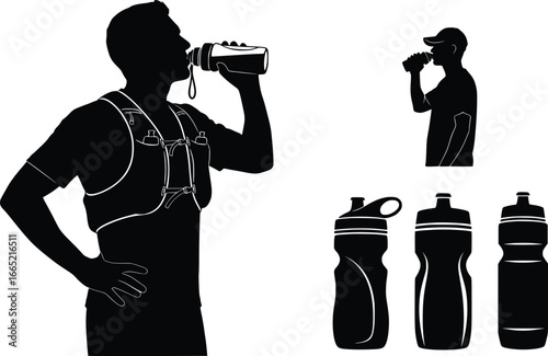 Runner hydrating silhouette set with water bottles for sport and fitness designs