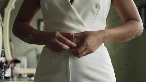 A torso shot of a person in a white jumpsuit adjusting a gold, ridged belt. Natural lighting, indoor setting, neutral background