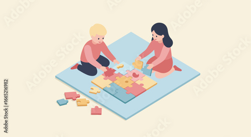 Children solving puzzle on a board. Plain background for presentations or design