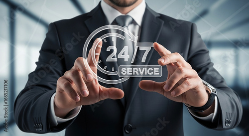Businessman touching 24-7 service icon with dollar signs, symbolizing nonstop business operation, online service, passive income and financial technology in modern economy