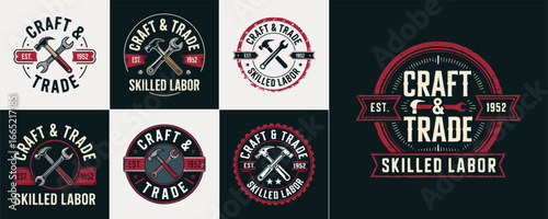 Craft and trade vintage emblem with hammer and wrench tools, skilled labor retro badge illustration for workshop and t shirt design