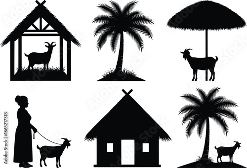 African village life silhouettes featuring goats palm trees and traditional huts for diverse designs