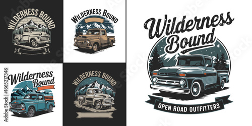 Vintage pickup truck illustration with mountain landscape and wilderness adventure theme for retro t shirt design and outdoor lifestyle