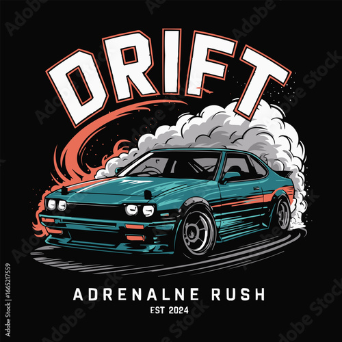 Drift racing car illustration with smoke effect and bold adrenaline rush typography, street racing artwork for motorsport apparel, t shirt design