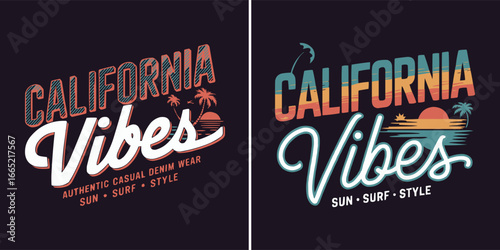 California vibes retro sunset palm tree illustration, tropical beach surf style typography graphic for summer vacation apparel, t shirt design