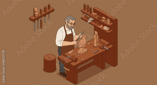 Man carving wood sculpture in workshop. Carvings & tools on shelves