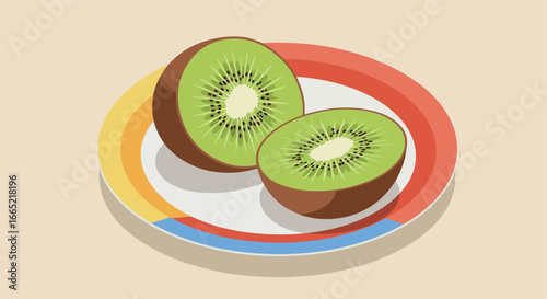 Halved kiwi sits on a plate, against a colorful background, used for health concepts