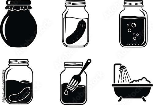 Collection of six silhouette icons featuring preserved foods and a bathtub with splashing water