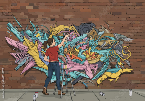 Woman spray painting graffiti art on a brick wall; street art backdrop