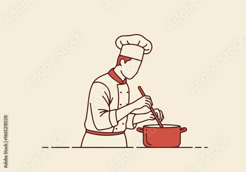 Chef stirring pot against clean backdrop for culinary illustration, vector icon