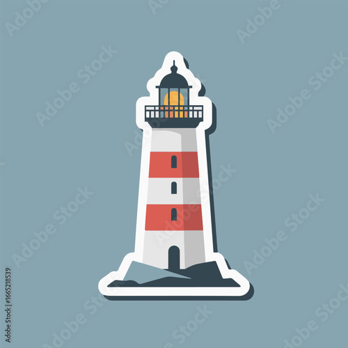 Illustration of a lighthouse with red stripes on a blue background, a navigational aid that emits light to guide ships at sea and prevent them from running aground