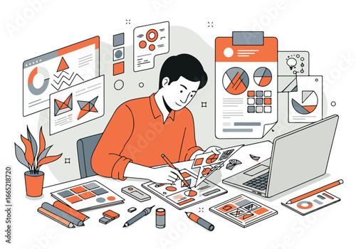 Graphic artist sketches ideas at desk with background diagrams for design use
