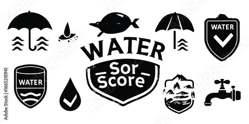 Conceptual water quality score vector illustration with environmental protection symbols and icons in black and white