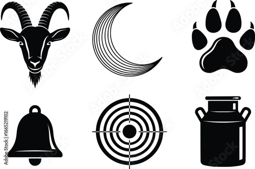 Set of six rustic silhouette icons including goat head crescent moon paw print bell target and milk can