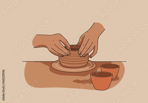 Hands molding clay on a wheel, forming pottery, finished bowls in the background