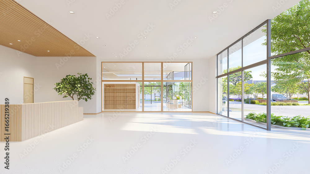 Fototapeta premium Spacious and bright minimalist interior design featuring reception area with wooden accents and large windows. Natural light