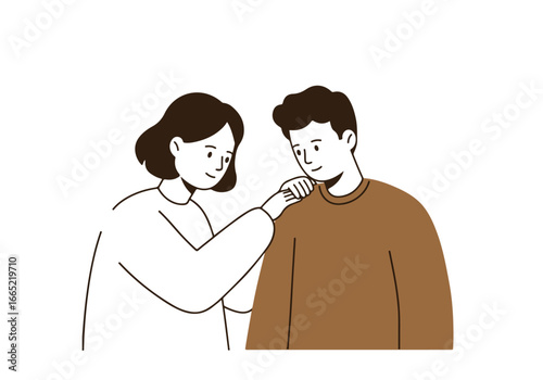 Caring woman touching man’s shoulder on clean background, for well-being articles