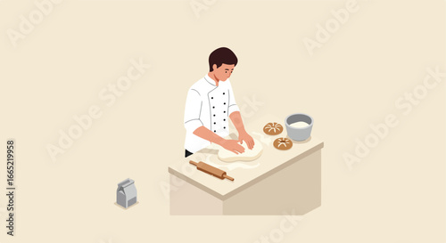Male chef kneading dough on counter; pastries, flour and rolling pin behind him