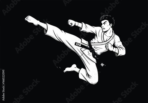 Black Belt Karateka Jumps, Kicks, and Punches in the Air in Comic Book Style
