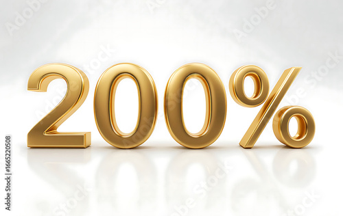 200 percent Gold 3d number on white background. 200% Off Sale. gold number 200% 3d rendering. Special offer discount. 3d Golden number. for marketing, sales, discounts, promotions